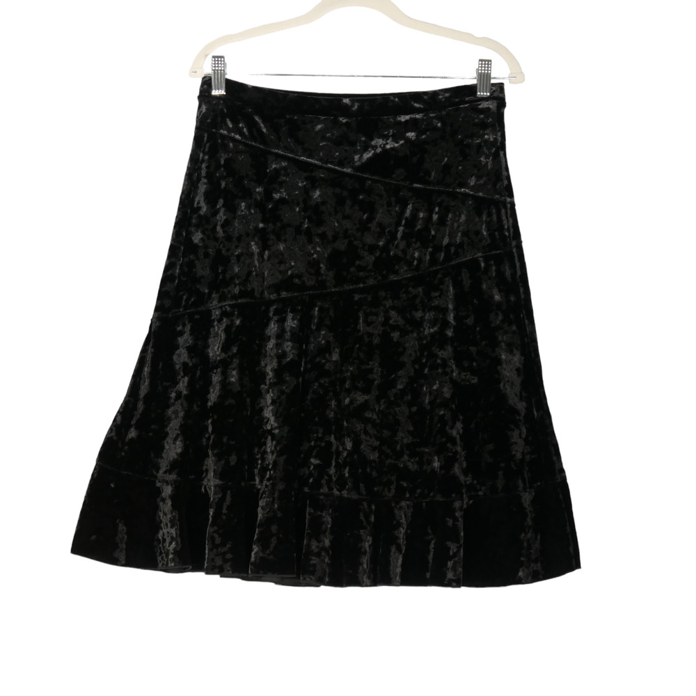 DNKY Skirt Womens Medium Black Pull On Stretch Velvet Embroidered Logo Ruffle